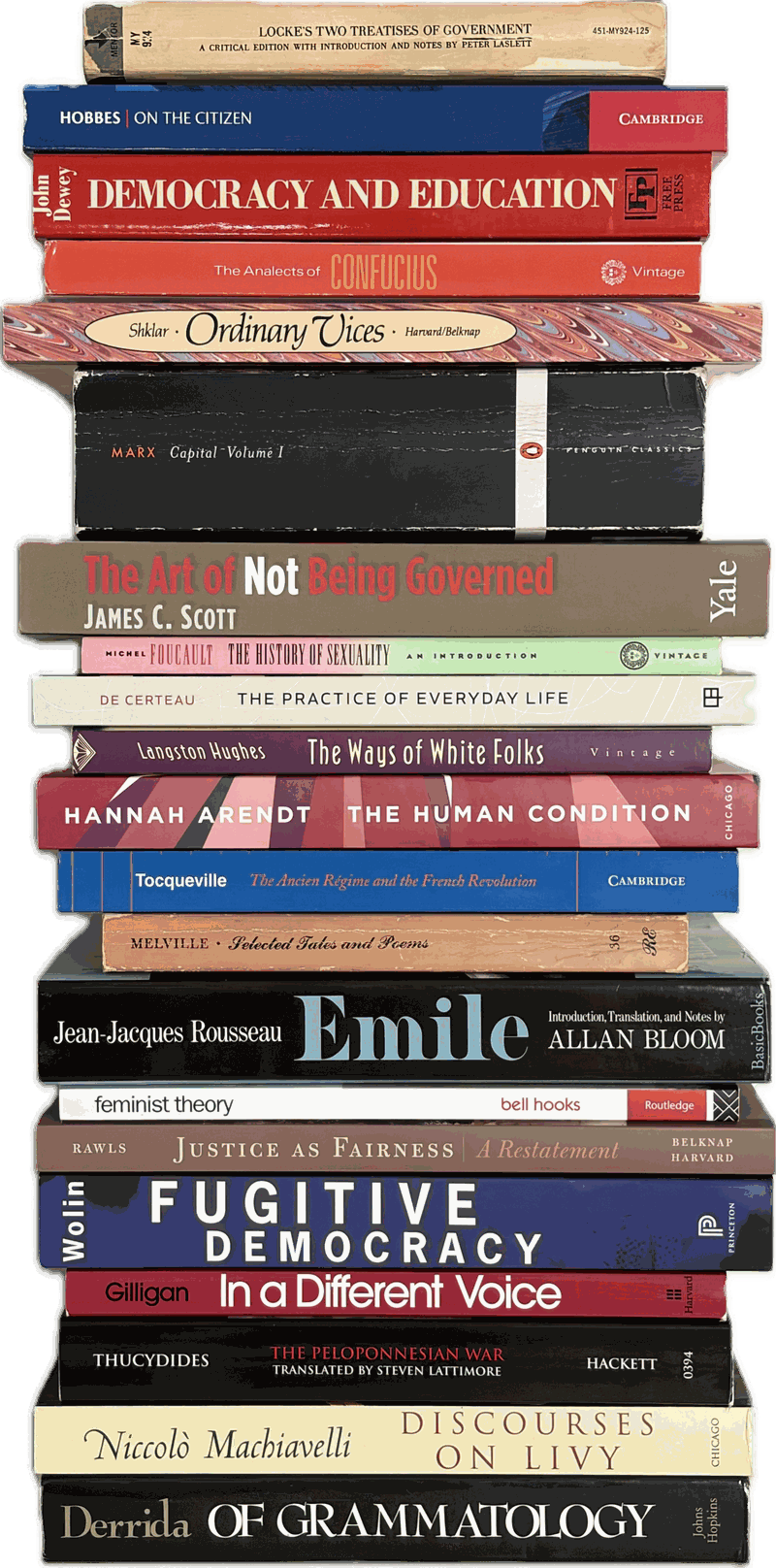 A stack of books on political theory